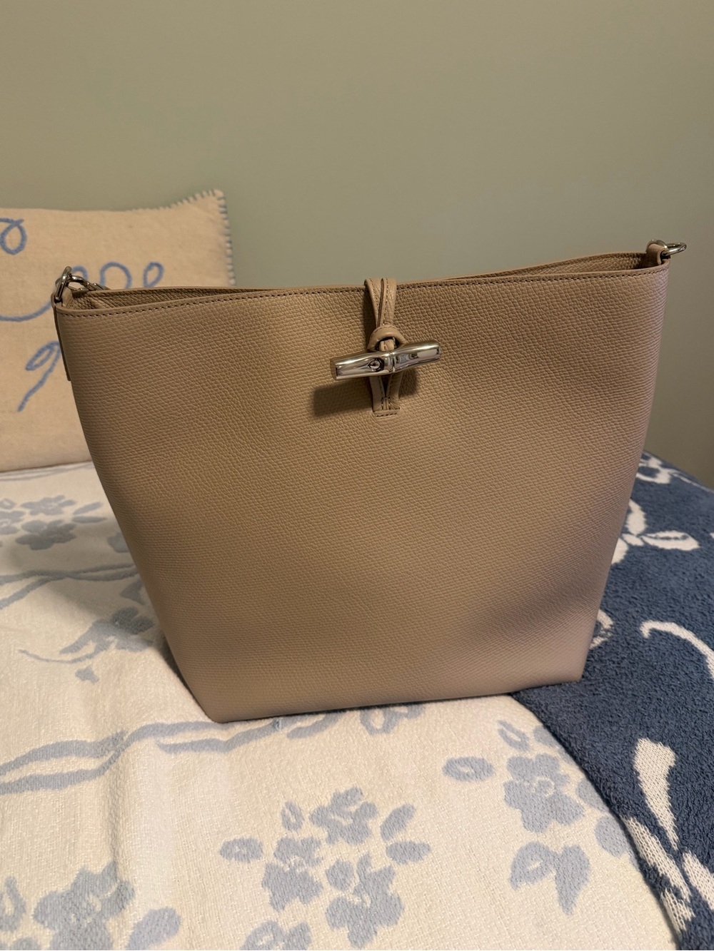 Longchamp Roseau Taupe Leather Tote with Silver Hardware